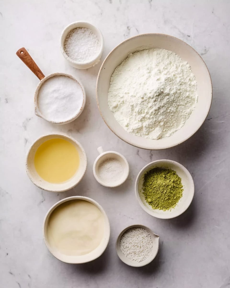 The image shows seven white bowls with different ingredients inside, arranged on a white marbled surface. At the top center is a large white bowl filled with a white powdery ingredient. To its left is a measuring cup with white granules and a wooden handle. Below, there are four smaller white bowls: one with a thick yellow liquid, one with a smooth light cream liquid, one with a small amount of green powder, and another with a white powdery substance. In the middle right, near these small bowls, is a tiny bowl holding fine white granules. Photo taken with an iphone --ar 4:5 --v 7