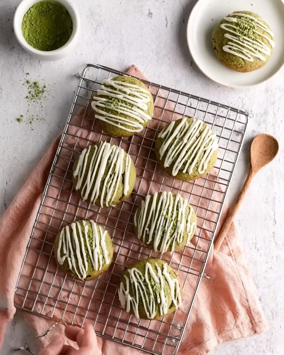 Six round green tea cookies with a slightly cracked surface are placed on a metal cooling rack. Each cookie is drizzled with smooth white icing stripes on top. The cookies rest on a light pink cloth that is partly visible under the white marbled surface. Nearby, there is a small white bowl with more green tea powder and a white plate holding an extra cookie also decorated with icing. A woman's hand holds a wooden spoon near the setup, suggesting preparation or serving. Photo taken with an iphone --ar 4:5 --v 7
