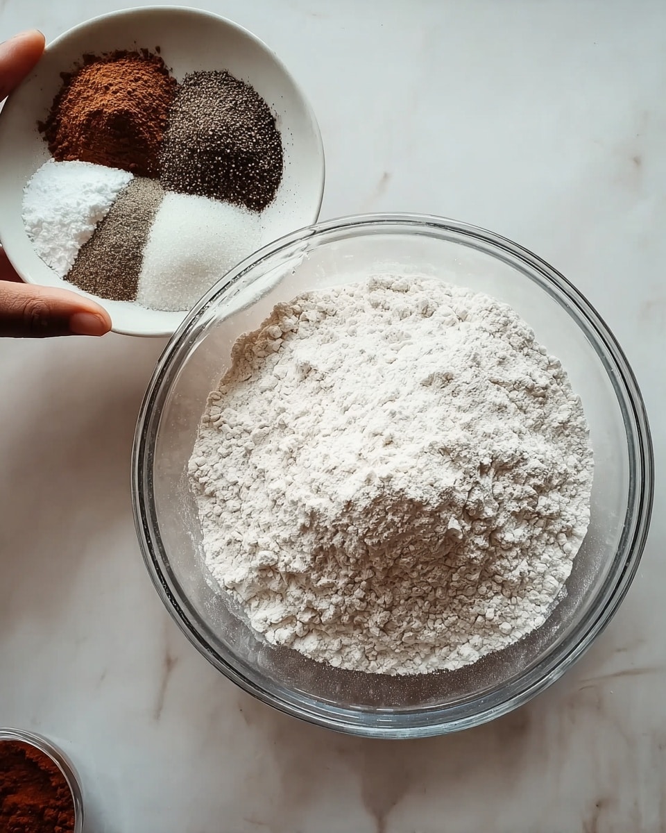 A clear glass bowl filled with a large amount of white powder, likely flour or powdered sugar, sits on a white marbled surface. Next to it, a woman's hand holds a small white plate with four different powders divided into quadrants: one is bright white, another is dark brown like cocoa or cinnamon, one is light gray, and the last is darker gray or black, possibly ground pepper or another spice. At the bottom edge of the image, a dark reddish-brown powder is visible in another container, partially cut off. The scene has soft, natural light and a clean, simple look. photo taken with an iphone --ar 4:5 --v 7