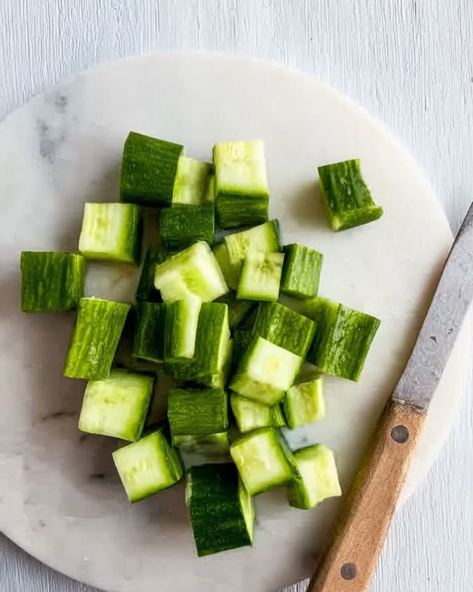 The image shows several pieces of green cucumber cut into small, even rectangular chunks. The cucumber pieces are arranged loosely on a round white marble surface. To the right side of the cucumber pieces, there is a knife with a wooden handle resting on the marble surface. The scene has soft lighting, highlighting the fresh texture and green color of the cucumber. photo taken with an iphone --ar 4:5 --v 7