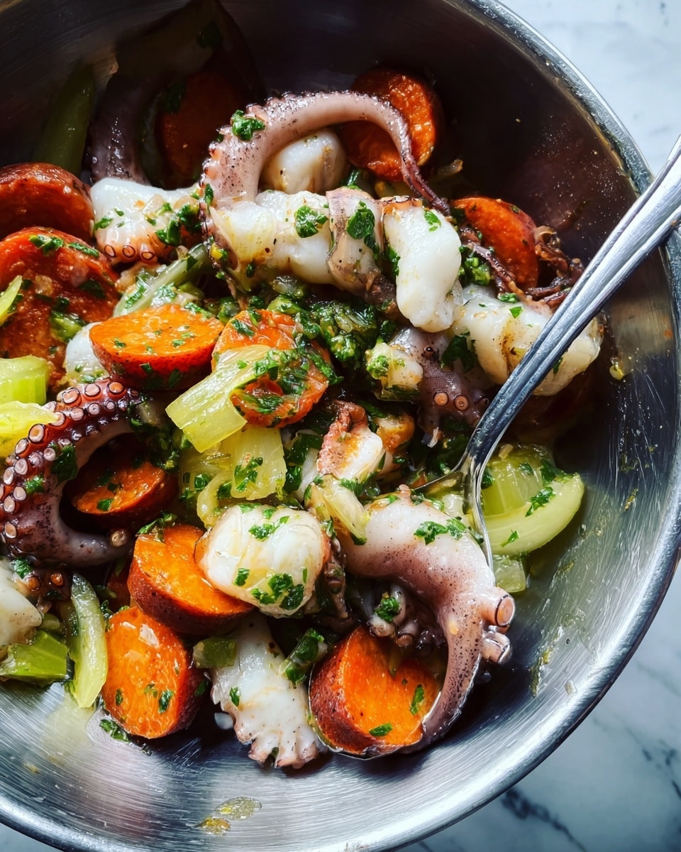 The image shows a close-up of a shiny metal bowl filled with a seafood and vegetable dish. There are several small whole baby octopuses with white and grey tentacles spread throughout. Thick slices of orange sausage are mixed with pieces of light green celery. Tiny green herb bits are sprinkled over the dish, adding color and freshness. A shiny silver spoon rests inside the bowl among the ingredients. The background is a white marbled surface. photo taken with an iphone --ar 4:5 --v 7