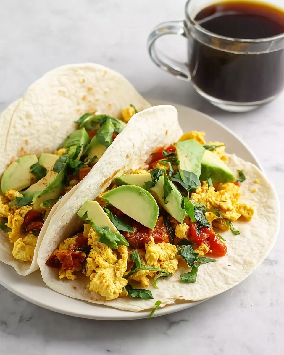 Two soft white tortillas are open on a white plate with a white marbled surface underneath. Inside each tortilla, there is a layer of cooked scrambled eggs mixed with small red tomato pieces, giving a yellow and red base. On top of the eggs, there are bright green sliced avocado pieces and fresh chopped green herbs scattered over, adding a fresh touch. In the background, there is a glass cup filled with dark coffee on the same white marbled surface. The photo is taken with an iphone --ar 4:5 --v 7