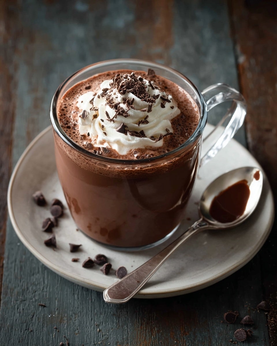 A clear glass mug filled with thick dark brown hot chocolate sits on a white plate with a few chocolate chips scattered around. On top of the hot chocolate is a swirl of white whipped cream sprinkled with fine dark chocolate shavings. A silver spoon with some chocolate liquid rests on the plate to the right of the mug. The scene is placed on a dark wooden surface. photo taken with an iphone --ar 4:5 --v 7