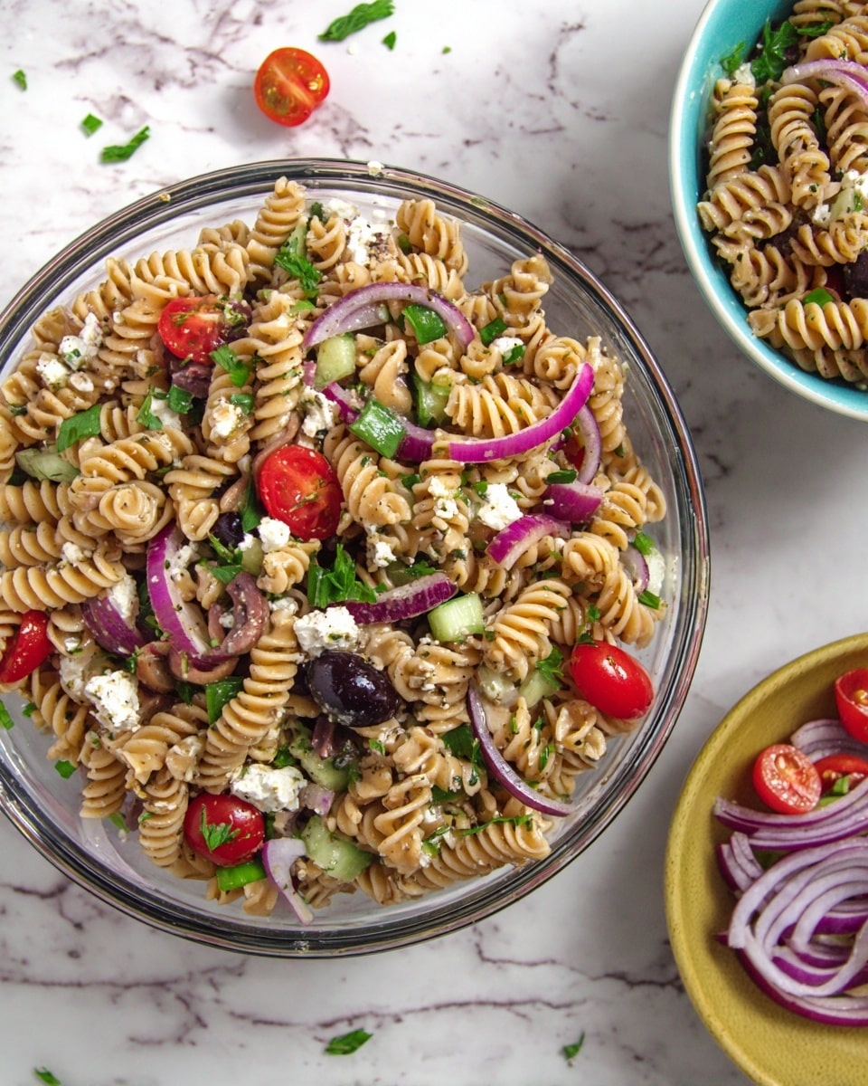 The image shows a clear glass bowl filled with a colorful pasta salad sitting on a white marbled surface with scattered pieces of red onion and cherry tomato around it. The salad has three main layers: a base of light brown spiral pasta, mixed with bright red cherry tomato halves and small chunks of white cheese coated with herbs. On top, there are bold pieces of purple-red onion rings and dark purple olive slices interspersed with small green parsley leaves and chopped green onions. To the right, a white bowl holds the same salad with similar colors and textures. Photo taken with an iphone --ar 4:5 --v 7