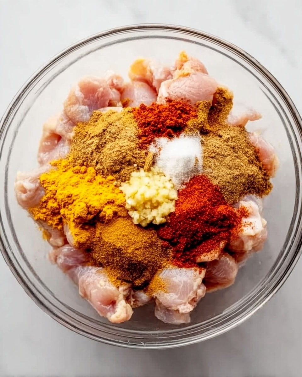 A clear glass bowl sits on a white marbled surface, filled with an even layer of uncooked pale pink chicken pieces. On top of the chicken, multiple vibrant spices are spread out in separate small piles: bright yellow turmeric, reddish-brown chili powder, light brown ground coriander, dark brown cumin, a dollop of pale yellow minced garlic or ginger, and a small portion of white salt. The spices cover most of the chicken, creating a colorful mix of textures and warm tones. photo taken with an iphone --ar 4:5 --v 7