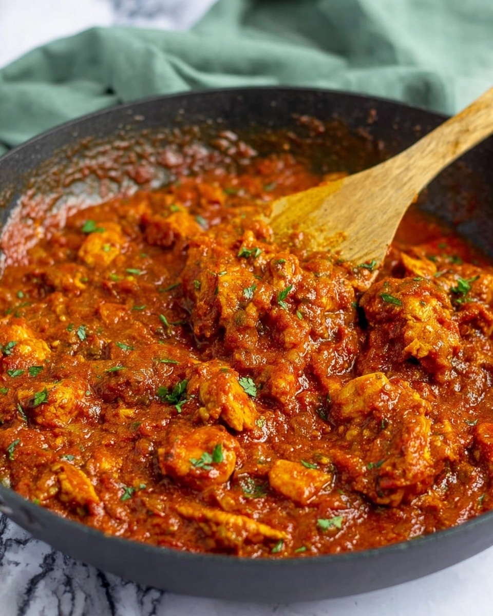 A close-up view of a black pan filled with a thick, rich reddish-orange curry with a chunky texture, showing pieces of cooked chicken mixed throughout. Small bits of green herbs are sprinkled on top, adding a fresh contrast to the warm tones of the dish. A wooden spoon is dipping into the curry on the right side, lifting some chunks covered in the vibrant sauce. The background shows a soft green cloth, and the pan is resting on a white marbled surface. photo taken with an iphone --ar 4:5 --v 7