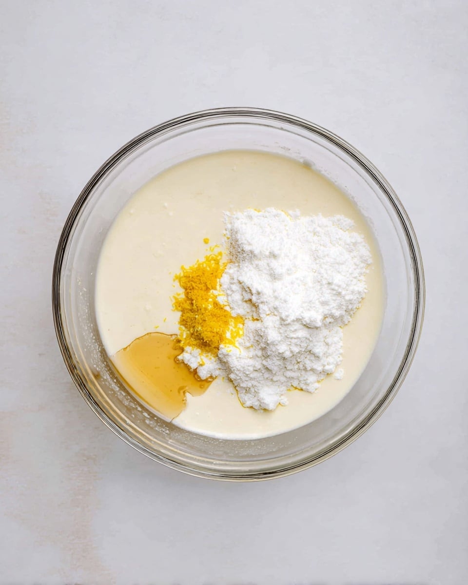 A clear glass bowl sits on a white marbled surface filled with several ingredients waiting to be mixed. The bottom layer is a smooth, pale cream liquid. On top, there is a heap of white powdery sugar concentrated on the right side, a small pile of bright yellow lemon zest near the top left, and a drizzle of light golden syrup or vanilla at the bottom left. The ingredients contrast clearly against each other and the transparent bowl, showing creamy, powdery, and textured elements together. Photo taken with an iphone --ar 4:5 --v 7