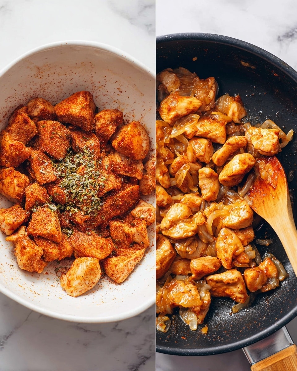 The image shows two parts: on the left, raw chicken pieces in a white bowl coated with reddish brown spices and some green flakes on top, with a texture of raw meat and seasoning clearly visible; on the right, cooked chicken pieces in a black pan with a wooden spatula stirring them, the chicken is golden brown with a slight crisp texture, showing uneven shapes and sizes, all placed on a white marbled surface. photo taken with an iphone --ar 4:5 --v 7