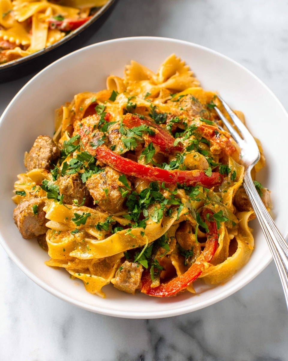 A white bowl holds a creamy pasta dish with three layers: at the base, flat orange fettuccine noodles mixed with bowtie yellow pasta; on top of that, cooked small chunks of light brown meat and thin slices of red and green bell peppers; all covered in a smooth orange sauce. Bright green chopped herbs are sprinkled over the entire dish, and a silver fork rests on the edge of the bowl. The bowl is placed on a white marbled surface. photo taken with an iphone --ar 4:5 --v 7