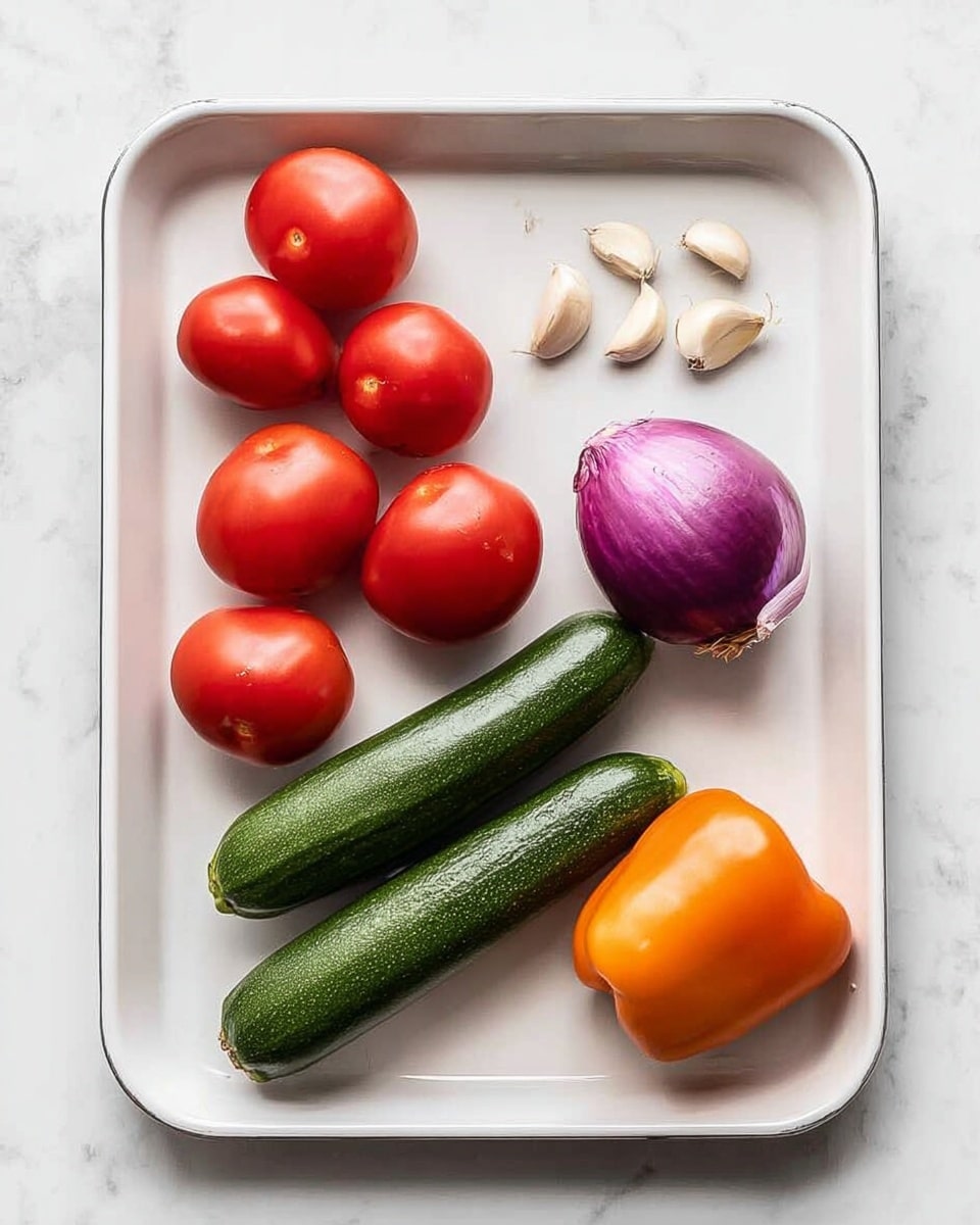 The image shows a white tray on a white marbled surface holding fresh vegetables arranged neatly. In the top left corner, there are four red tomatoes grouped closely in a vertical line. To their right, there are four small garlic cloves scattered in a slight curve. Next to the garlic are two long, dark green zucchinis placed side by side horizontally. At the top right corner, a single purple onion with bits of outer skin peeling is positioned. At the bottom right of the tray is a single orange bell pepper lying horizontally. The overall colors include red, white, green, purple, and orange on a clean white tray and marbled background, creating a fresh and bright look. photo taken with an iphone --ar 4:5 --v 7
