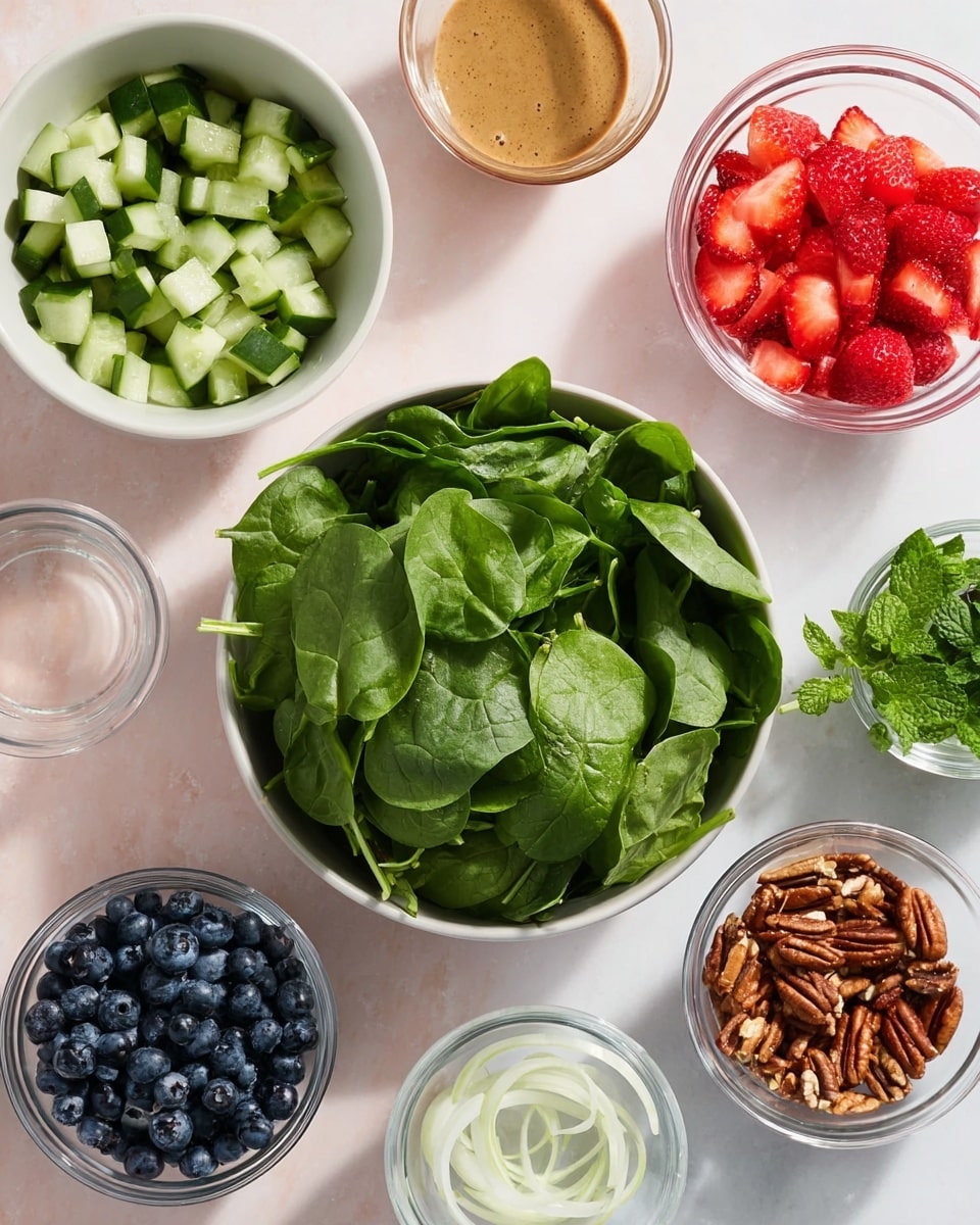 The image shows several small white bowls and glasses arranged on a white marbled surface. At the center is a large bowl filled with fresh green spinach leaves. Around it, clockwise from the top left, there is a bowl with small light green cucumber pieces, a glass with a creamy brown dressing, a glass filled with bright red chopped strawberries, a small glass with thin white rings of shallots, a small glass with fresh green mint leaves, a white bowl full of dark blue blueberries, and a small glass bowl holding chopped pecans. The lighting is bright, highlighting the fresh colors and textures of each ingredient. Photo taken with an iphone --ar 4:5 --v 7