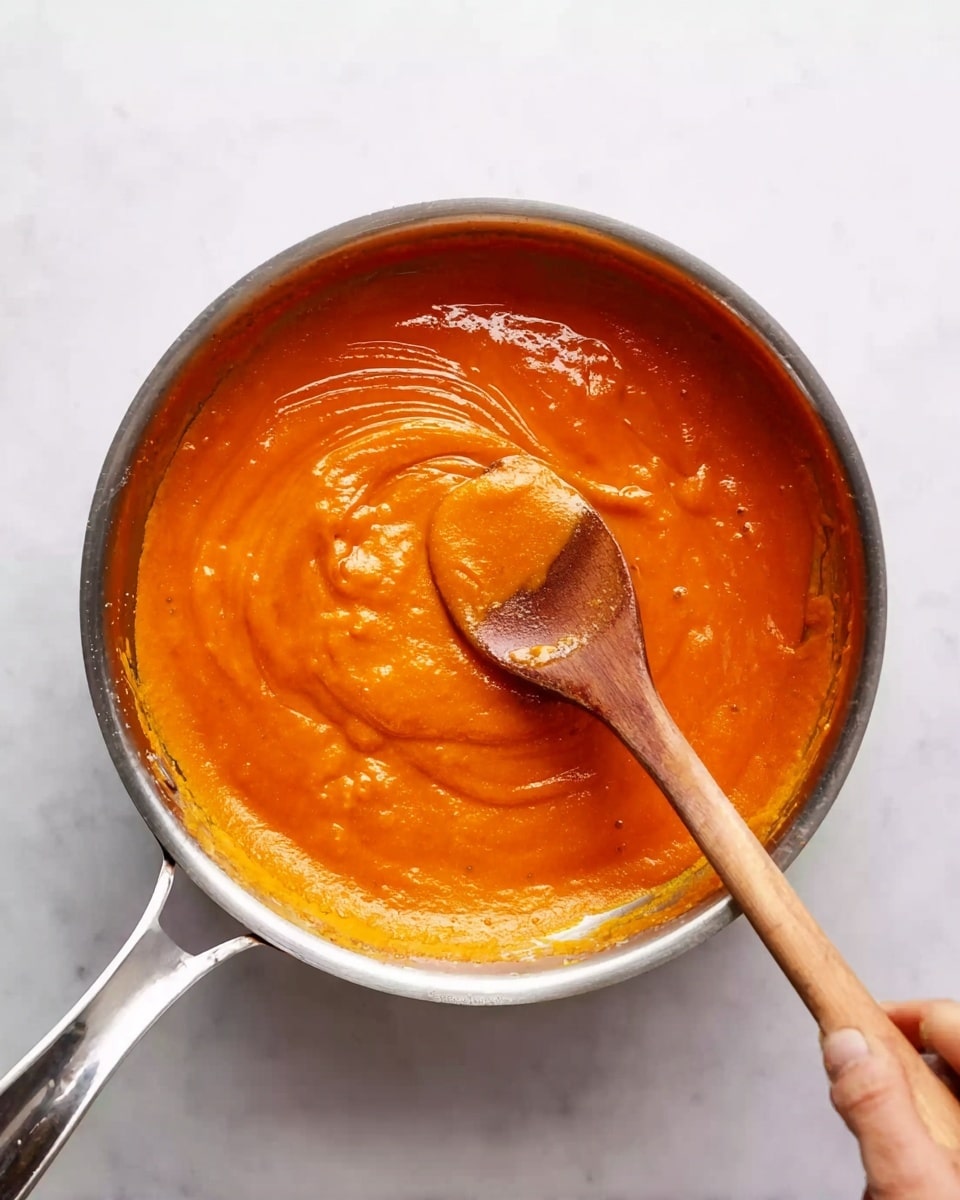 A shiny metal pan with a handle holds thick, bright orange sauce that looks creamy and smooth with some small lumps. A wooden spoon with a long handle is resting inside the sauce, slightly lifting it, showing a lighter shade of orange beneath. The pan is placed on a white marbled surface, and a woman's hand grips the metal handle firmly from the bottom left corner. The sauce's surface is glossy with streaks of light reflecting off it, giving a fresh and warm feel. photo taken with an iphone --ar 4:5 --v 7