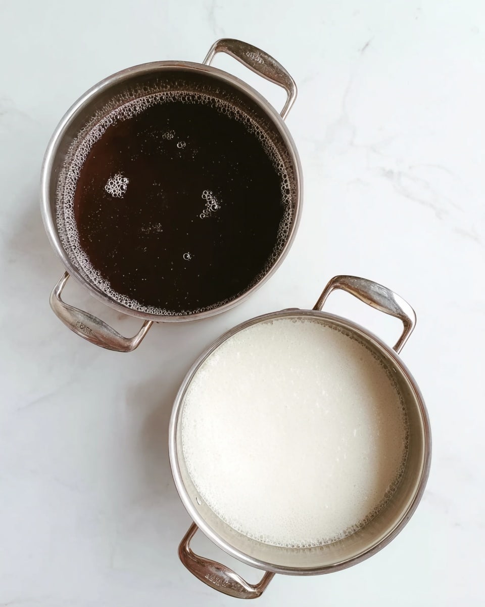 The image shows two metal pots placed on a white marbled surface, each with two handles. The pot on the top left contains a dark brown liquid with small bubbles on the surface, while the pot on the bottom right holds a thick, white, creamy substance with slight froth around the edges. Both pots have a shiny silver finish and the liquids inside contrast sharply with the bright background. photo taken with an iphone --ar 4:5 --v 7