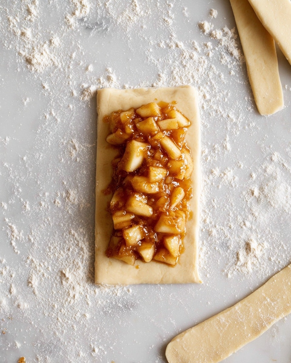 The image shows a single rectangular piece of light beige dough laying flat on a white marbled surface dusted with flour. On top of the dough is a layer of chunky, golden-brown apple filling with small visible apple pieces coated in a shiny, syrupy sauce that has a warm caramel color. Two thin strips of dough rest nearby on the flour-dusted surface. The scene is brightly lit with soft, natural light coming from above. Photo taken with an iphone --ar 4:5 --v 7