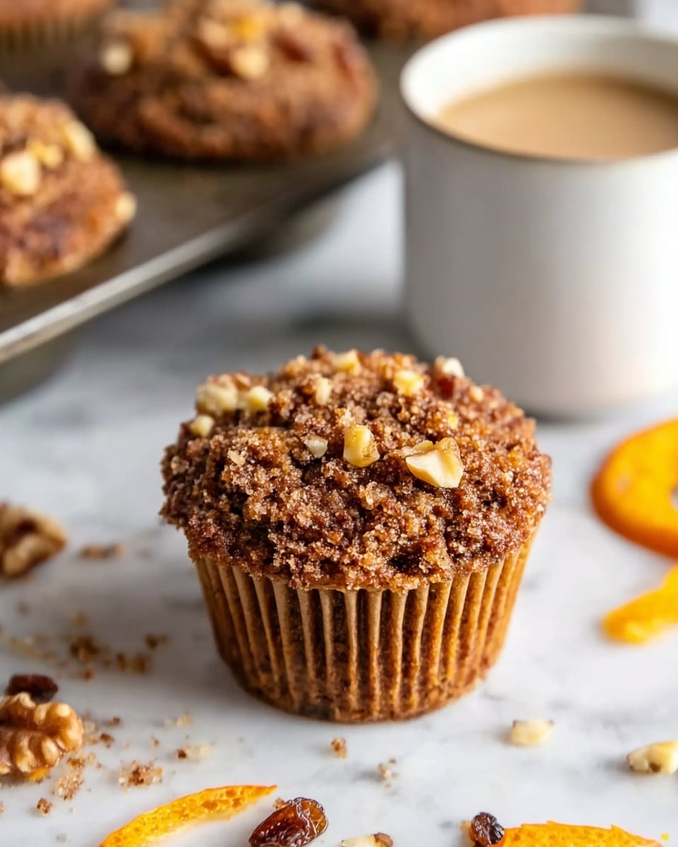 A close-up view of a single muffin with a crumbly, brown top sprinkled with small nut pieces and tiny raisins. The muffin sits on a white marbled surface with scattered nut crumbs and thin orange peel curls nearby. Behind it, there is a white mug filled with light brown coffee on the right, and a baking tray holding more muffins with similar brown crumbly tops, visible in soft focus. The overall colors are warm browns and whites, with a clean and bright look. The scene is lit softly, showing texture on the muffin top and smoothness of the coffee surface, photo taken with an iphone --ar 4:5 --v 7