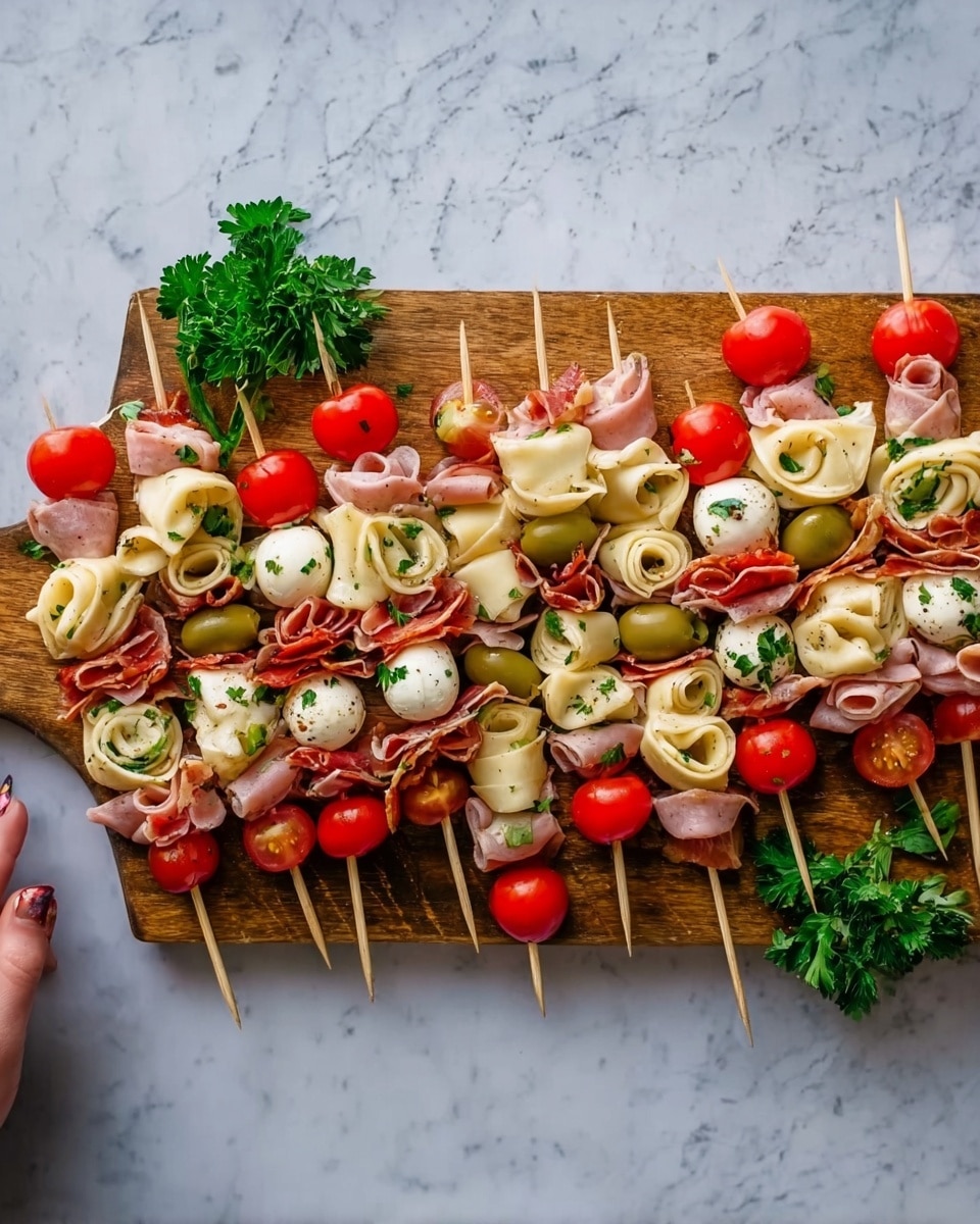 The image shows a wooden board filled with multiple colorful skewers laid evenly across it. Each skewer has several layers starting with small red cherry tomatoes at both ends. Next comes green olives mixed with white cheese balls, followed by slices of light pink rolled meat. There are also pieces of pale tortellini pasta, some with red pieces of bacon or ham layered irregularly between the other ingredients. Fresh green parsley is sprinkled on top of the skewers, adding a touch of brightness. The board rests on a white marbled surface, creating a clean and fresh background. The scene includes a woman's hand holding the corner of the board, adding a human touch to the presentation. photo taken with an iphone --ar 4:5 --v 7