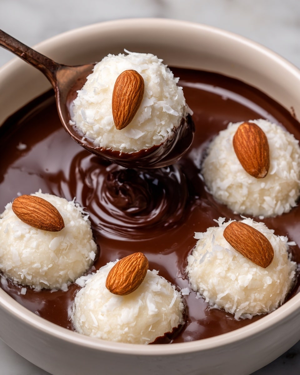 The image shows a close-up of five white coconut balls, each topped with a brown almond, partially dipped in smooth, dark brown melted chocolate in a white bowl. One of the coconut balls is being lifted slightly by a bronze spoon, causing the chocolate to ripple around it. The coconut balls have a fluffy texture with small coconut flakes visible throughout. The background surface is a white marbled texture. photo taken with an iphone --ar 4:5 --v 7