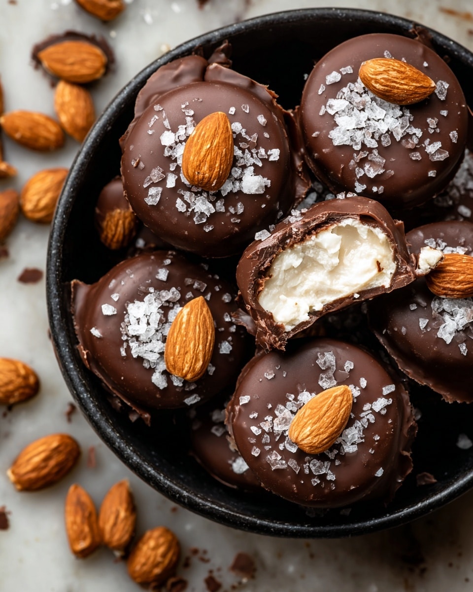 A close-up view of round chocolate-covered treats arranged in a black bowl, each topped with a whole almond and small flakes of sea salt. Each treat has two main layers: a smooth dark brown chocolate shell on the outside and a white creamy filling inside, one showing a bite revealing the soft texture. The bowl is placed on a white marbled surface with scattered whole and broken almonds around it. Photo taken with an iphone --ar 4:5 --v 7