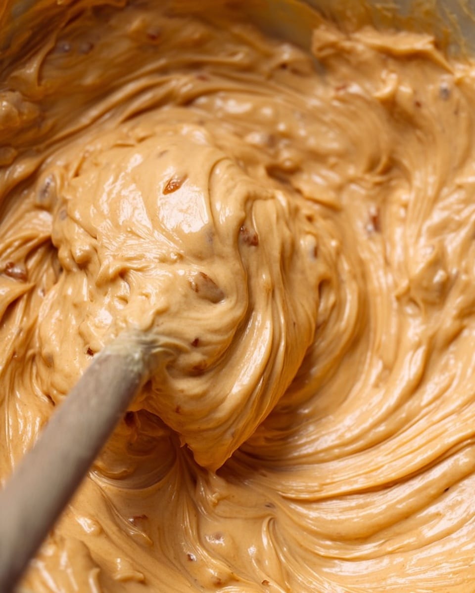 This close-up photo shows a thick, creamy mixture with a smooth, slightly chunky texture. The mix is light orange with small brown bits spread throughout, creating a rich and dense look. A wooden spoon covered in the same mixture is stirring it, with part of the spoon visible at the bottom. The smooth swirl patterns show the movement of the mixture being mixed, giving a soft, glossy appearance. The background is a white marbled texture. photo taken with an iphone --ar 4:5 --v 7