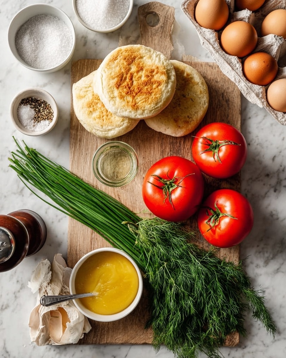 The image shows a wooden board on a white marbled surface, layered with fresh ingredients. At the top center, there is a stack of three English muffins with a light golden-brown toasted top and a soft, porous inside. To the left are long, green chives neatly laid out, and below them is a bunch of feathery dill with vibrant green leaves. Two large, bright red tomatoes with a shiny surface and green stems sit near the center right. At the bottom left, there is a white bowl filled with a smooth, yellow sauce and a small silver spoon inside. Next to it, a small clear glass jar with liquid is positioned on the board. A white bowl with coarse salt is at the top left, alongside a dark pepper grinder, and a carton of brown eggs is partially visible in the upper right corner. Photo taken with an iphone --ar 4:5 --v 7