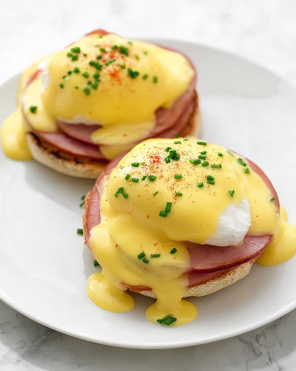 The image shows two Eggs Benedict servings on a white plate against a white marbled surface. Each serving has a bottom layer of a split toasted English muffin, light golden brown and slightly crisp. On top of the muffins are round slices of pinkish ham, warm and slightly shiny. Over the ham sit poached eggs with soft, white whites. These eggs are covered with a thick, smooth, bright yellow hollandaise sauce that flows gently over the edges. The dish is finished with a sprinkle of finely chopped green chives and a light dusting of red paprika on top of the hollandaise sauce. Photo taken with an iphone --ar 4:5 --v 7