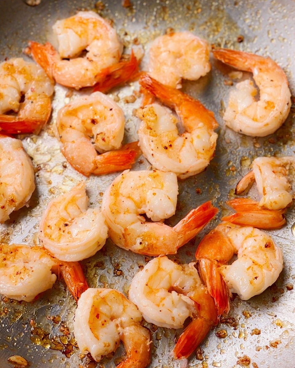 The image shows a close-up of cooked shrimp in a metal pan. The shrimp are arranged loosely with a light pinkish-white color and bright orange tails. They have a slightly shiny texture with some brown bits of seasoning and small caramelized spots scattered around them in the pan. The pan surface has a metallic silver color with greasy patches and browned bits, showing the shrimp have been cooked well. The shrimp are plump and appear tender. photo taken with an iphone --ar 4:5 --v 7