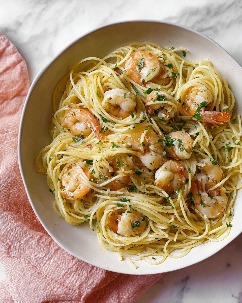 A white round shallow bowl holds a serving of spaghetti pasta mixed with shrimp and chopped green herbs. The thin spaghetti noodles are light golden-yellow and soft, forming a loose nest that covers the base. Scattered evenly on top and throughout the noodles are medium-sized shrimp, cooked with a light pink and white color, slightly shiny, with their tails still on. Small pieces of fresh green herbs, likely parsley, are sprinkled over the dish, adding a fresh color contrast. The dish is placed on a white marbled surface with a soft, pale pink cloth partially visible on the side. photo taken with an iphone --ar 4:5 --v 7