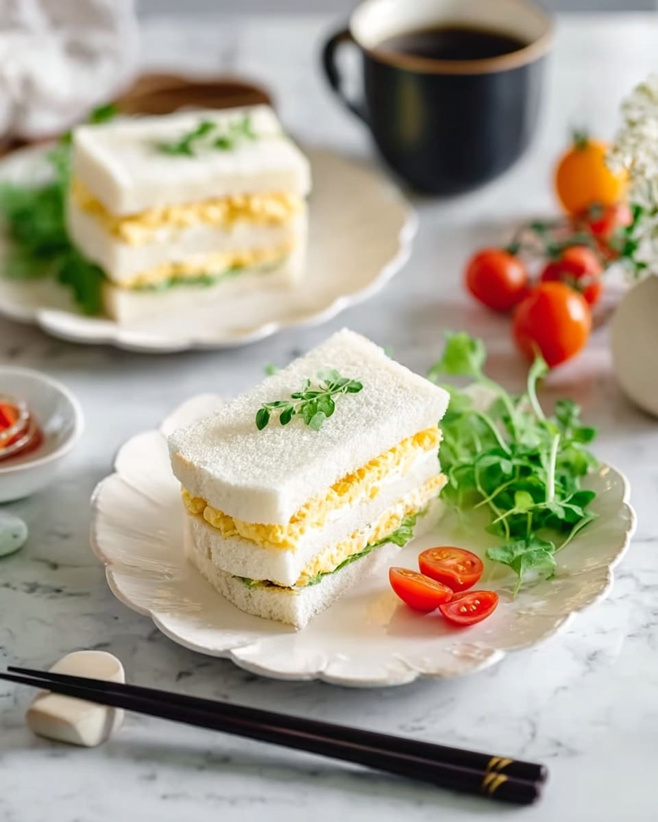 The image shows a white scalloped plate on a white marbled surface, holding a sandwich and a small salad. The sandwich has two layers of white bread with yellow egg filling in between, topped with a small green herb. On the side is a small pile of fresh green leaves and halved cherry tomatoes. A pair of black chopsticks rests on the edge of the plate. In the background, there’s another similar sandwich on a white scalloped plate, a black cup of dark coffee, and blurred fresh ingredients on the white marbled surface. Photo taken with an iphone --ar 4:5 --v 7