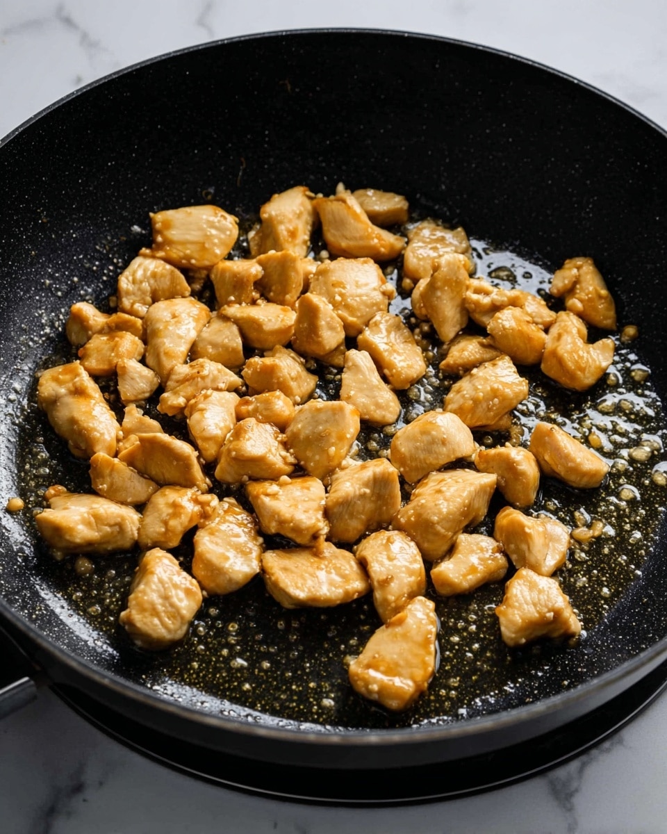 The image shows a black frying pan with many small, golden brown pieces of cooked chicken spread evenly across the surface. The chicken pieces are shiny with a light coating of oil, giving them a slightly glossy look. The pan’s texture is smooth and non-stick, with small droplets of oil around the chicken pieces, adding a subtle sparkle. The background has a white marbled texture. The photo taken with an iphone --ar 4:5 --v 7