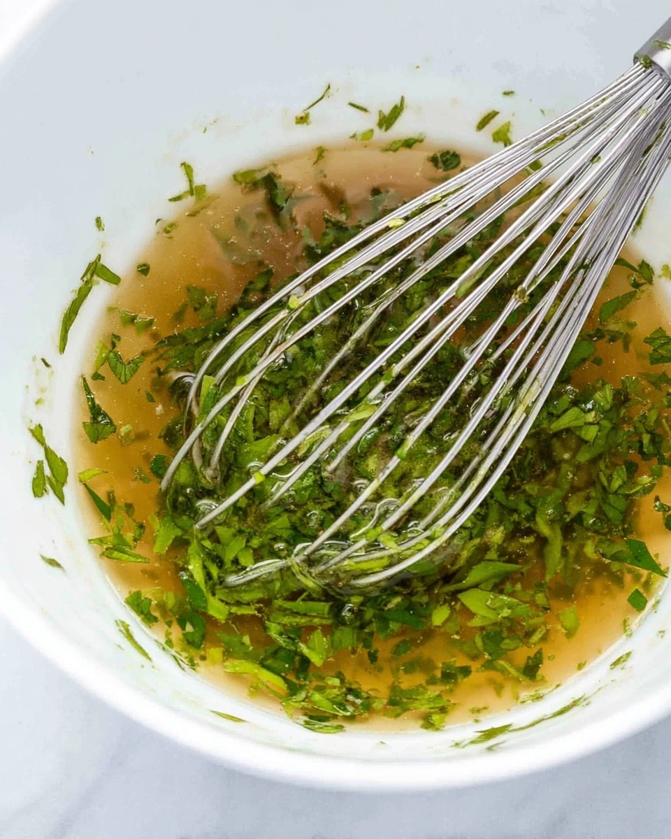The image shows a close-up of a white bowl filled with a liquid mixture that has many small chopped green herbs floating in it. The herbs are bright green and spread evenly in the light brown liquid, which has a slightly oily texture. Inside the bowl, a shiny metal whisk is partly submerged, with its wires tangled in the herbs and liquid, showing movement or mixing in progress. The bowl sits on a white marbled surface with a soft light reflecting off the liquid and metal whisk. Photo taken with an iphone --ar 4:5 --v 7