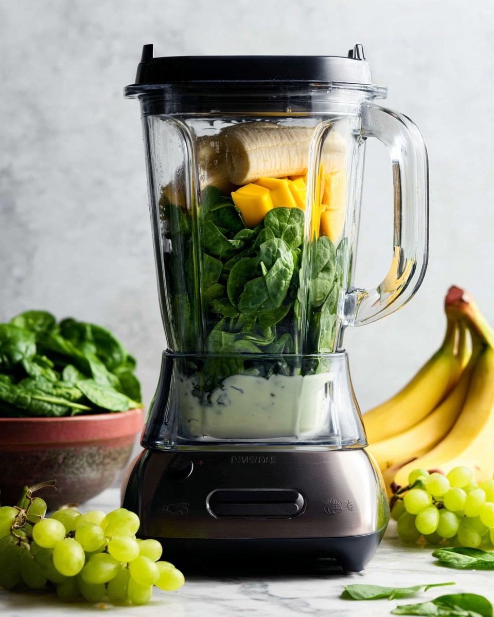 A clear blender jar sits on a black blender base, placed on a white marbled surface. Inside the blender jar, there are four distinct layers: the bottom layer is white liquid, likely milk or yogurt, with some spinach leaves floating in it; above it is a thick layer of fresh green spinach leaves; then comes the bright yellow chunks of mango; and the topmost layer is a peeled banana lying horizontally. In the foreground, there are fresh green grapes and a bunch of bananas on the right side. On the left side, there is some green lettuce and a bowl filled with spinach leaves. The background is white and slightly textured, and no woman's hand appears in the image photo taken with an iphone --ar 4:5 --v 7