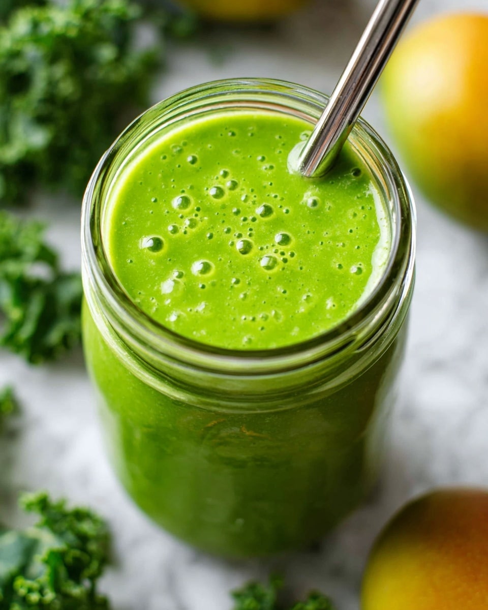 A close-up view of a glass jar filled with a bright green smoothie, showing a smooth, thick texture with small bubbles on the surface. A metal straw is placed inside the jar on the right side. The background is a white marbled texture with blurred green kale leaves and green/yellow mangoes around the jar, giving a fresh and healthy vibe. Photo taken with an iphone --ar 4:5 --v 7