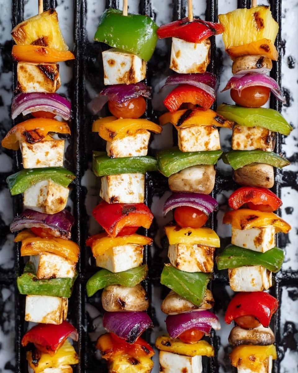 The image shows several skewers laid out on a grill, each with three main types of pieces in an alternating pattern. The first layer is large white cubes with a slight char on the edges, followed by colorful pieces including green, red, and yellow bell pepper chunks, purple onion slices, red tomato pieces, and light cream mushroom slices. Some skewers also have pieces resembling yellow pineapple. Each skewer is filled with about five to seven pieces. The grill bars are black, and the background has been changed to a white marbled texture. Photo taken with an iphone --ar 4:5 --v 7