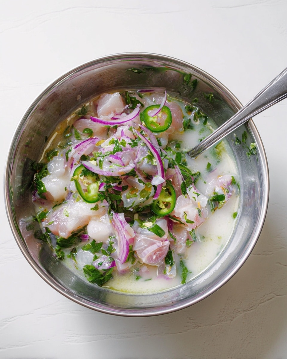 A silver metal bowl holds a mix of raw fish chunks submerged in a white milky liquid, likely coconut or citrus juice. On top and mixed inside are thin slices of purple onion and green chili peppers, along with chopped green leafy herbs scattered throughout. A metal spoon rests inside the bowl, partially submerged in the mixture. The bowl sits on a white marbled surface. Photo taken with an iphone --ar 4:5 --v 7