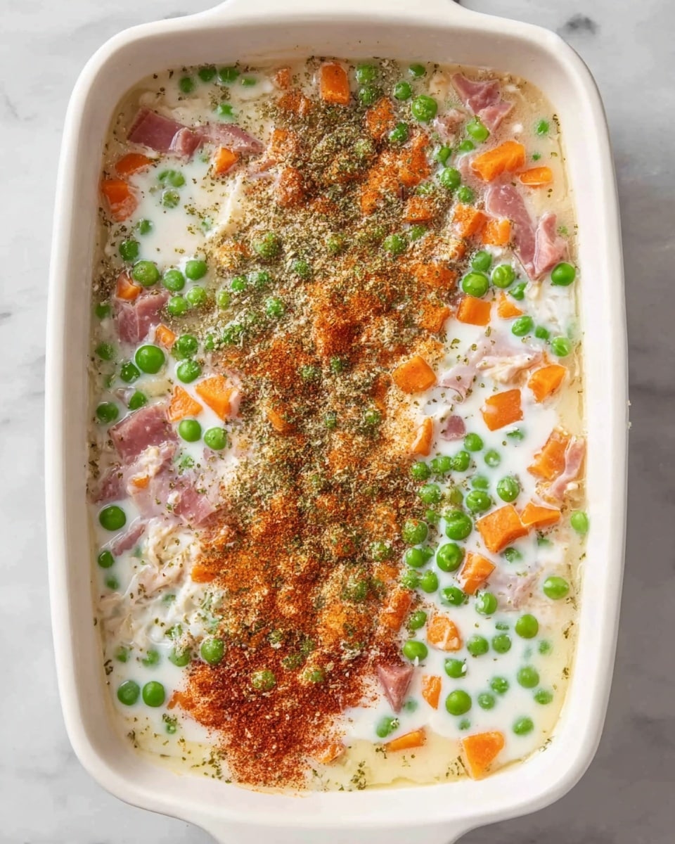 A white rectangular baking dish filled with a mixture of clear broth, creamy white liquid, green peas, small orange carrot cubes, and raw pink meat pieces. On top, there are several layers of dry spices in brown, orange, and green colors sprinkled over the dish unevenly, creating a textured look. The peas and carrot cubes are spread throughout the dish, floating within the broth and cream mix. The full dish is sitting on a white marbled surface. photo taken with an iphone --ar 4:5 --v 7