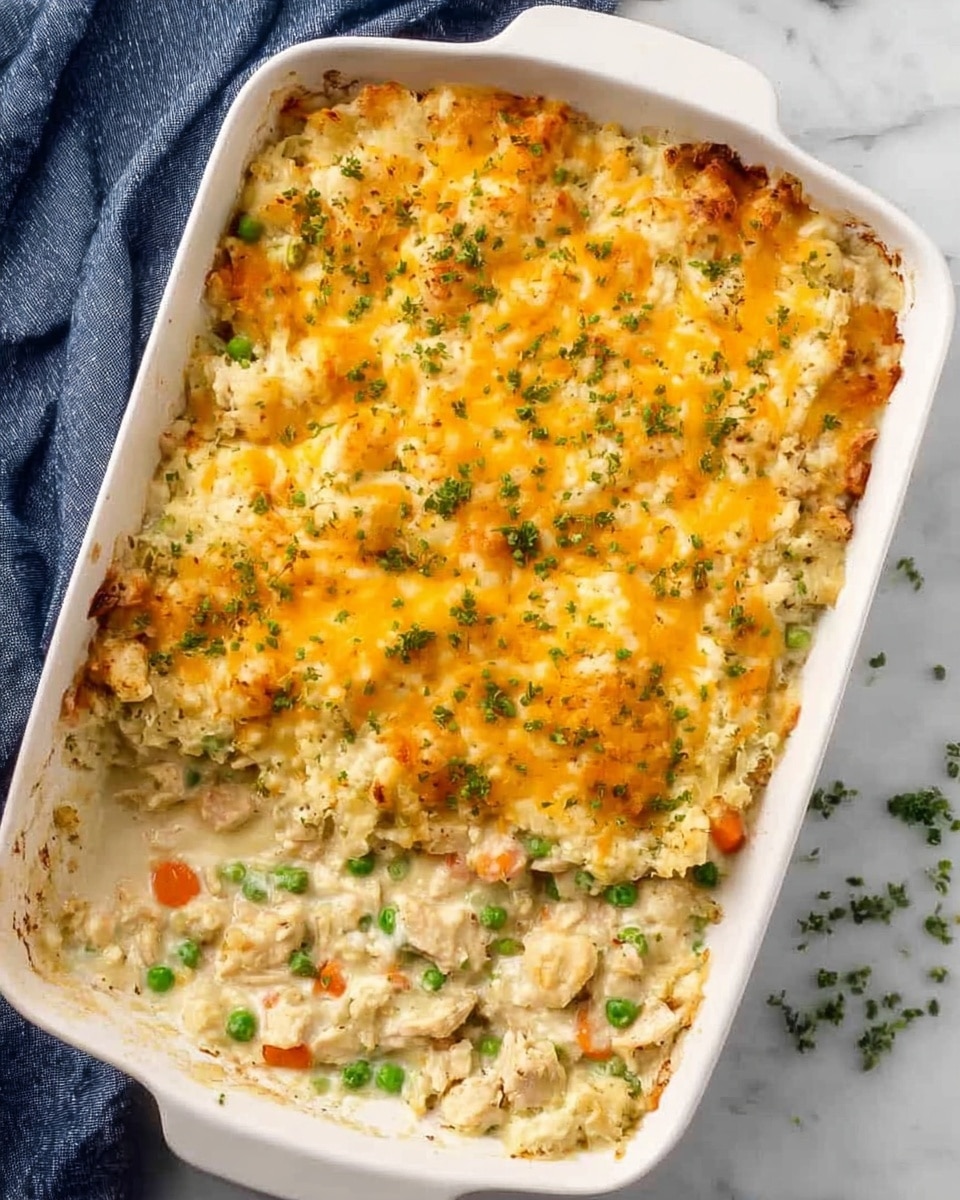 A white rectangular baking dish filled with a creamy casserole that has three main layers visible: the bottom layer is mixed with small pieces of light-colored chicken and green peas, the middle layer is creamy white sauce with small orange carrot bits, and the top layer is covered with melted yellow and white cheese evenly spread and slightly browned. Small green herbs are sprinkled over the top, adding color contrast. The dish sits on a white marbled surface with a dark blue cloth nearby. Photo taken with an iphone --ar 4:5 --v 7