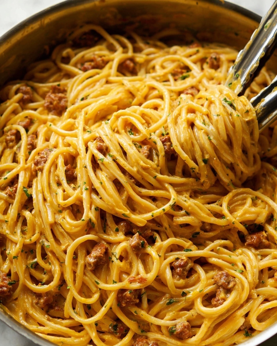 A close-up view of creamy pasta with a rich golden-orange sauce, thickly coating long, smooth spaghetti strands. Small pieces of browned meat are mixed evenly throughout, adding texture and brownish tones to the dish. The pasta is slightly curled around metal tongs, showing a shiny and velvety surface, with some green herb sprinkles scattered on top for contrast. The whole scene is set against a white marbled background, emphasizing the warm colors of the pasta. Photo taken with an iphone --ar 4:5 --v 7
