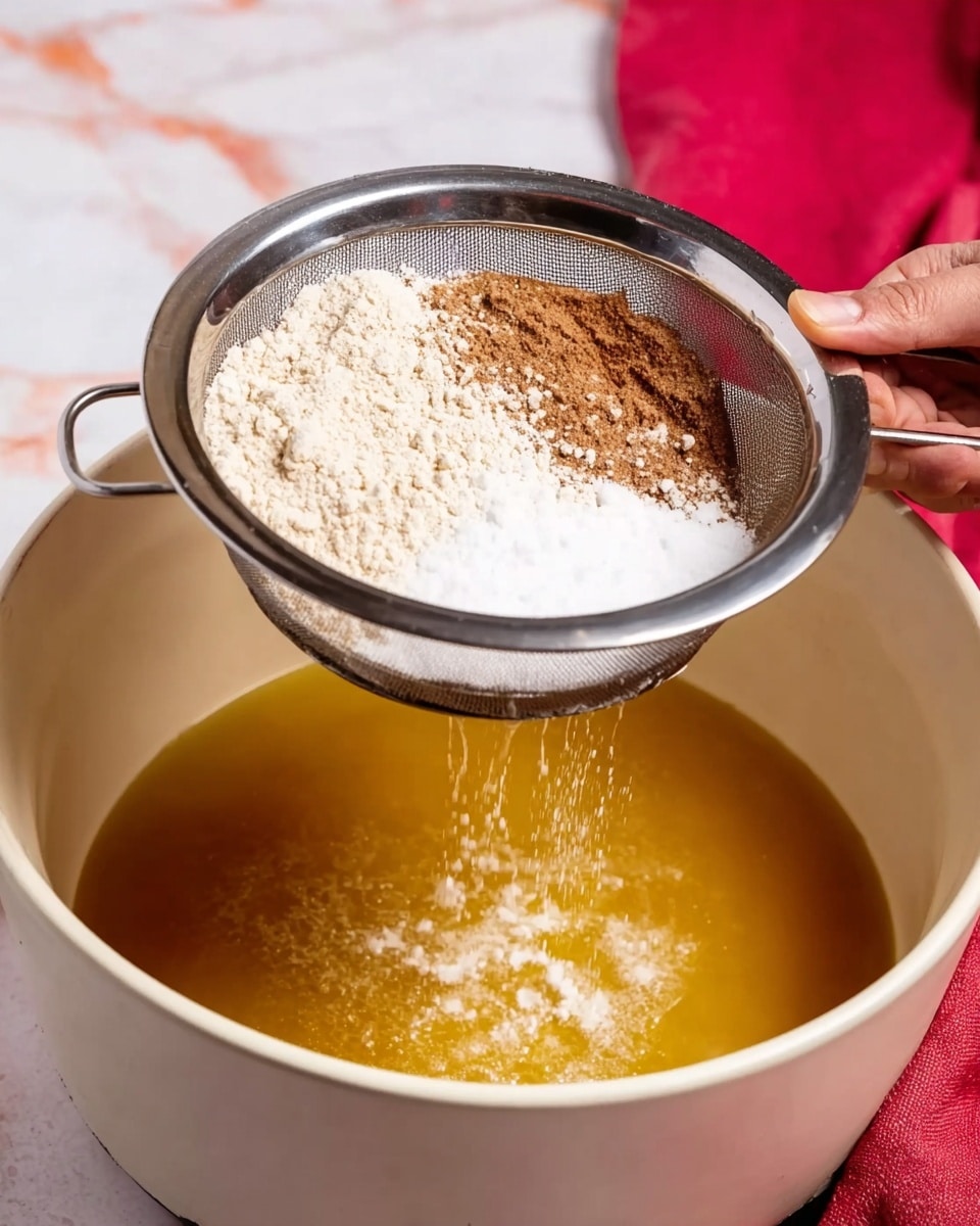 A woman's hand holds a metal sifter filled with light brown flour, white sugar, and a darker powdery ingredient over a large white bowl containing a golden yellow liquid. The sifter is positioned above the bowl with some white flour falling into the liquid. The background features a white marbled surface, and a hint of a red fabric can be seen in the upper right corner. photo taken with an iphone --ar 4:5 --v 7