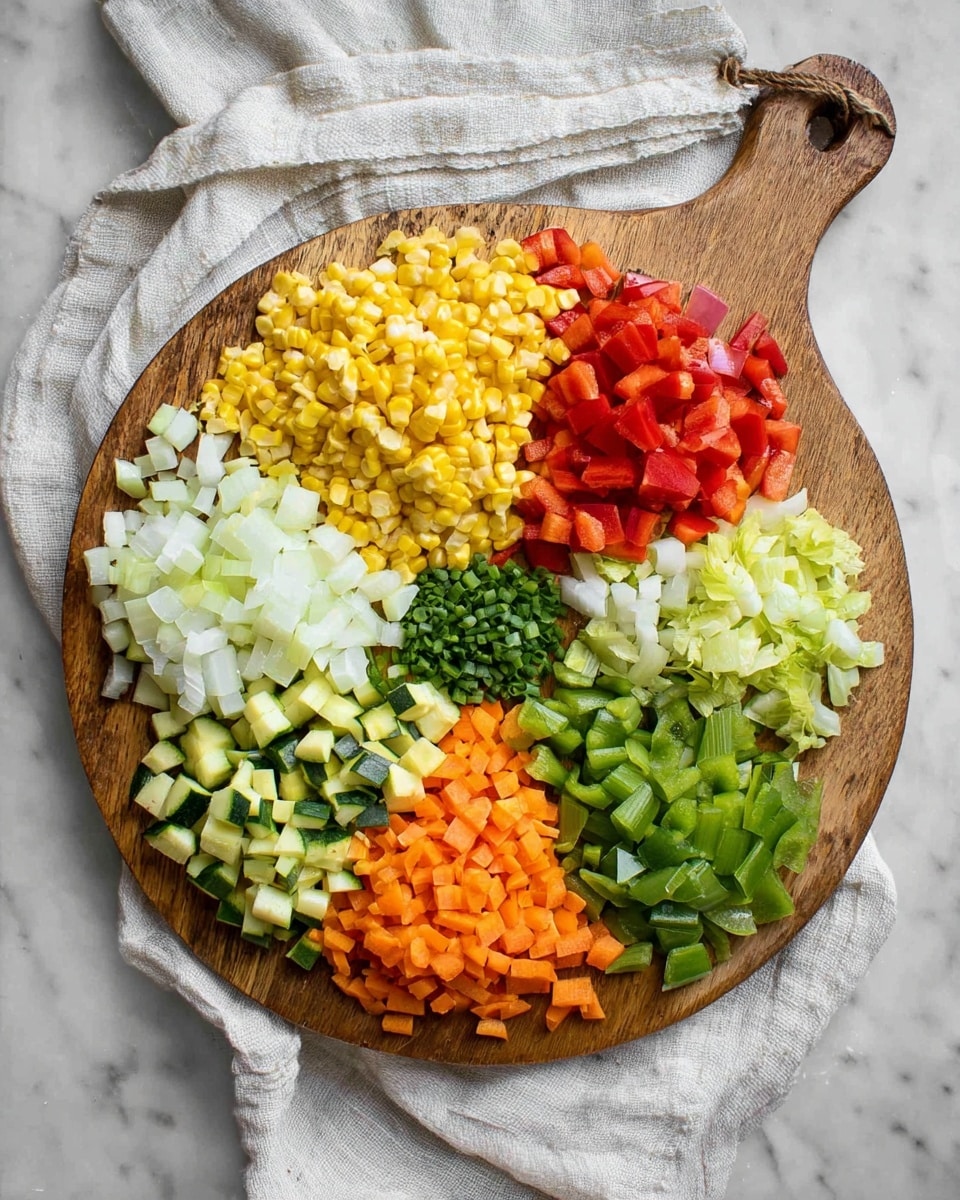 A round wooden cutting board with a handle is placed on a white marbled surface covered partly by a soft white cloth. The cutting board holds nine neat piles of colorful chopped vegetables arranged like flower petals. Starting clockwise from the top, there are bright yellow and white corn kernels, red bell peppers, yellow squash chunks, green celery pieces, pale green chopped leeks, orange shredded carrots, white chopped onions, green zucchini pieces, and green snap peas. In the center, there are small green chopped chives. The vegetables show varied textures from soft, firm to crunchy. Photo taken with an iphone --ar 4:5 --v 7
