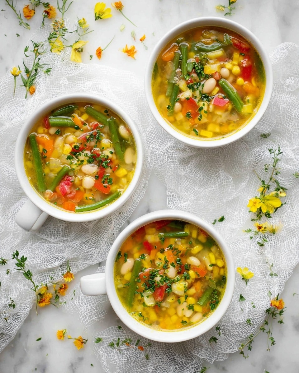 Three white cups filled with colorful vegetable soup are placed on a white marbled surface covered with a white lace cloth. Each cup contains a bright yellow broth layered with pieces of green beans, red bell peppers, white beans, corn, and small orange carrot bits, topped with chopped green herbs. Around the cups are scattered small yellow flowers and green herb bits. The photo taken with an iphone --ar 4:5 --v 7