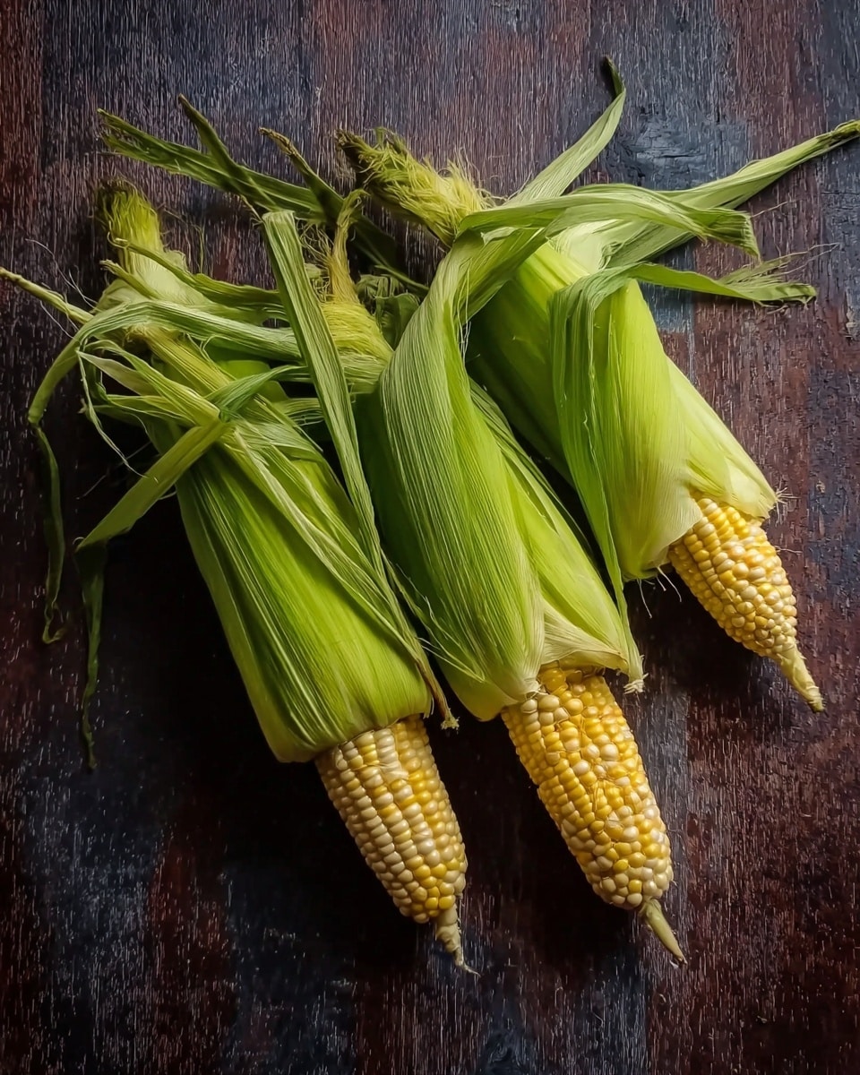 Three ears of corn lie close together on a dark wooden surface. Each ear is partially covered with bright green husks that are peeled back to show the neat rows of yellow corn kernels underneath. The corn and husks have a fresh, natural look with the husks loose and slightly curled. The background is a rustic dark wood that contrasts with the light yellow and green colors of the corn. photo taken with an iphone --ar 4:5 --v 7