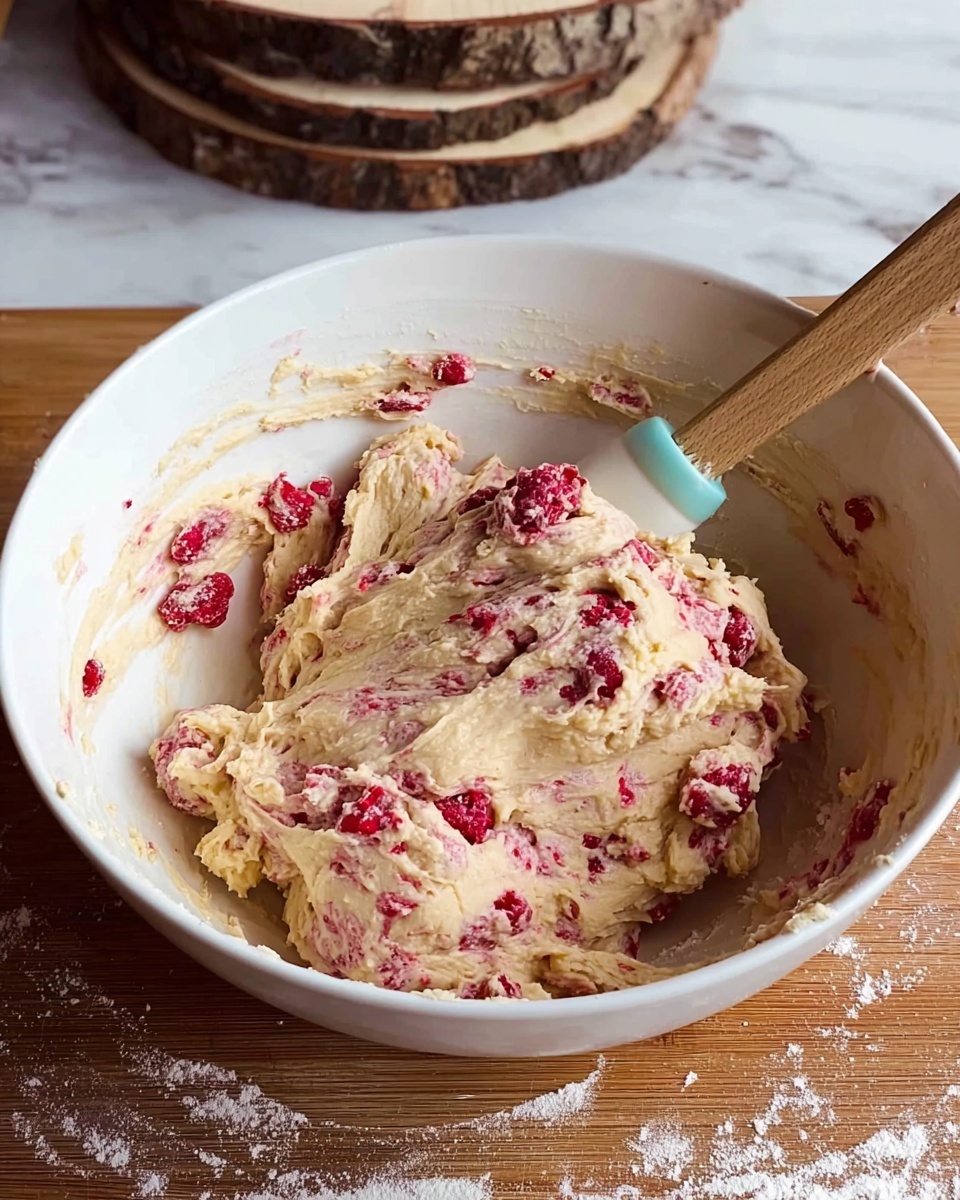 Vanilla Raspberry Cookies Recipe 4 Inside a white bowl sits a thick, creamy dough mixed with red raspberry pieces unevenly spread throughout. The dough is pale beige with pinkish streaks where the raspberries have blended in, creating a textured yet smooth look. A wooden spatula with a light blue and white silicone tip rests on the bowl's edge, partially covered in the dough. The bowl is placed on a wooden surface, with a light dusting of flour nearby. The background features a white marbled texture and some rustic wooden rounds stacked behind the bowl. Photo taken with an iphone --ar 4:5 --v 7