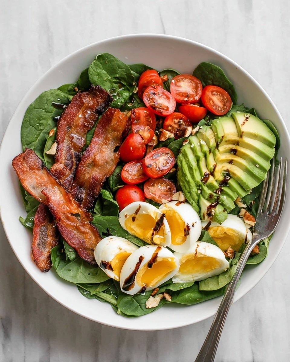 The dish is a fresh salad arranged in a white bowl on a white marbled surface. The bottom layer is made up of dark green spinach leaves. On top of this base, there are three main sections: on the left, two crisp strips of cooked bacon lay flat; in the center, several small, bright red grape tomatoes, some whole and some sliced in half, add a juicy contrast; on the right, sliced avocado with a light green color sits beside hard-boiled eggs halved to show their bright yellow yolks and firm white edges. Drizzles of dark balsamic vinegar and small pieces of chopped nuts are scattered over the salad, adding texture and color. A silver fork rests inside the bowl to the right. Photo taken with an iphone --ar 4:5 --v 7