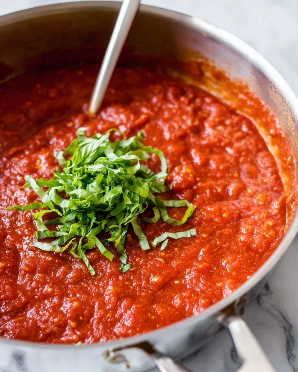 A close-up view of a large silver pan filled with thick red tomato sauce that has small visible chunks and a textured surface. On top of the sauce, there is a pile of thinly sliced bright green basil leaves placed in the center. A metal spoon is partially submerged in the sauce on the left side. The background shows a soft white marbled surface under the pan. The photo looks bright and clear, taken with an iphone --ar 4:5 --v 7