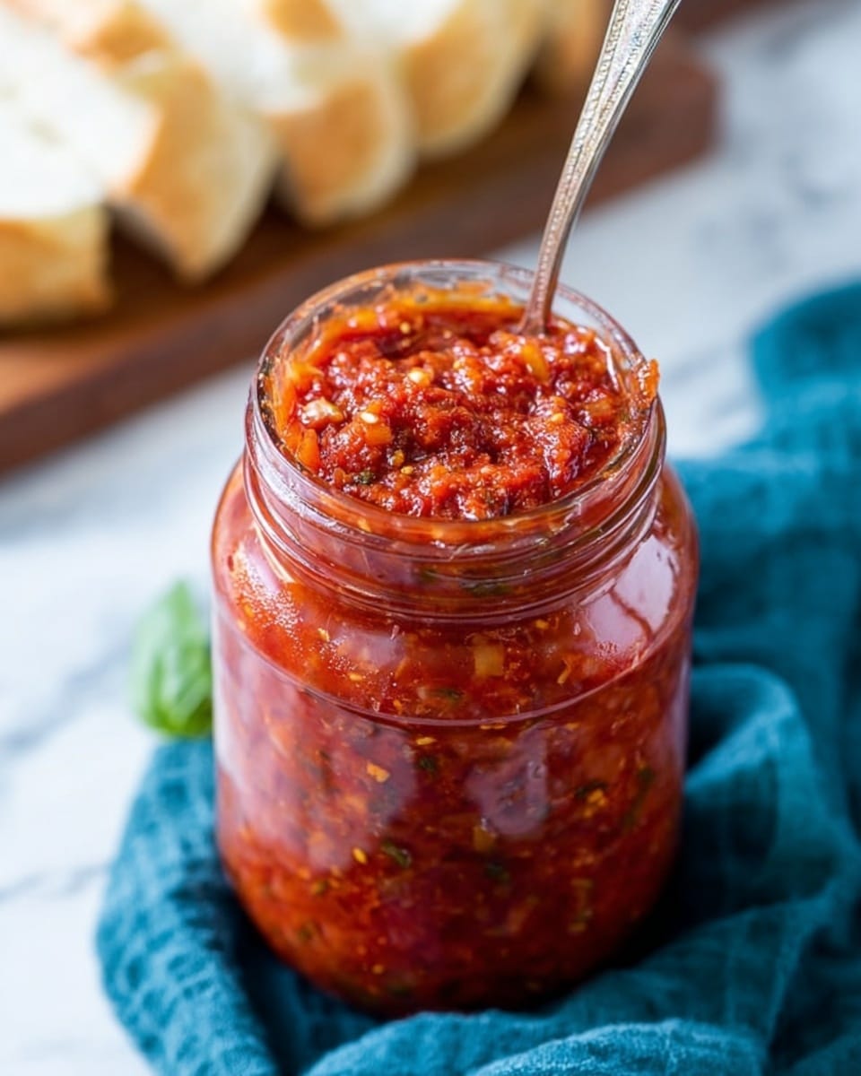 A glass jar filled with thick, chunky red tomato sauce, showing bits of herbs and vegetables in a textured mix. The sauce fills the jar to the top, with a silver spoon sticking out from inside the jar. The jar sits on a blue cloth, placed on a white marbled background. In the blurry background, there is a wooden board with white bread slices. photo taken with an iphone --ar 4:5 --v 7
