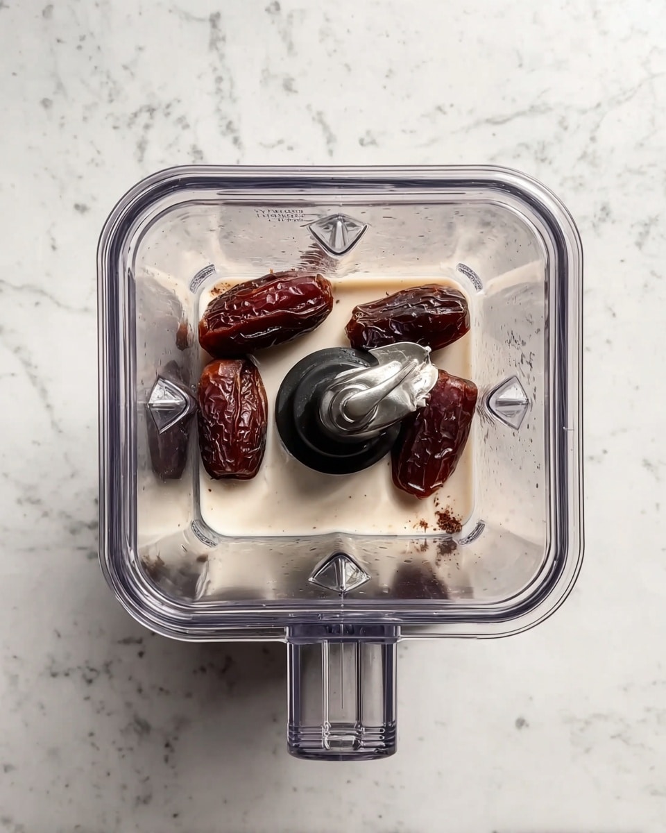 A clear blender container sits on a white marbled surface, showing four whole dark brown dates and a small amount of white liquid at the bottom. The blender’s metal blade is centered above the ingredients, with its sharp edges visible. The container is square-shaped with rounded corners, and some measurement markings can be seen faintly on the side. photo taken with an iphone --ar 4:5 --v 7