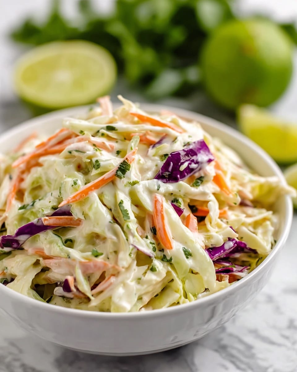 In a white bowl on a white marbled surface, there is a creamy coleslaw made with thin layers of shredded light green cabbage, thin orange carrot strips, and a few pieces of purple cabbage mixed in. The coleslaw is coated with a smooth, creamy, off-white dressing that binds the vegetables together, with small green herb bits scattered throughout. In the background, there are fresh green lime wedges and leaves softly blurred, adding a hint of freshness to the scene. Photo taken with an iphone --ar 4:5 --v 7