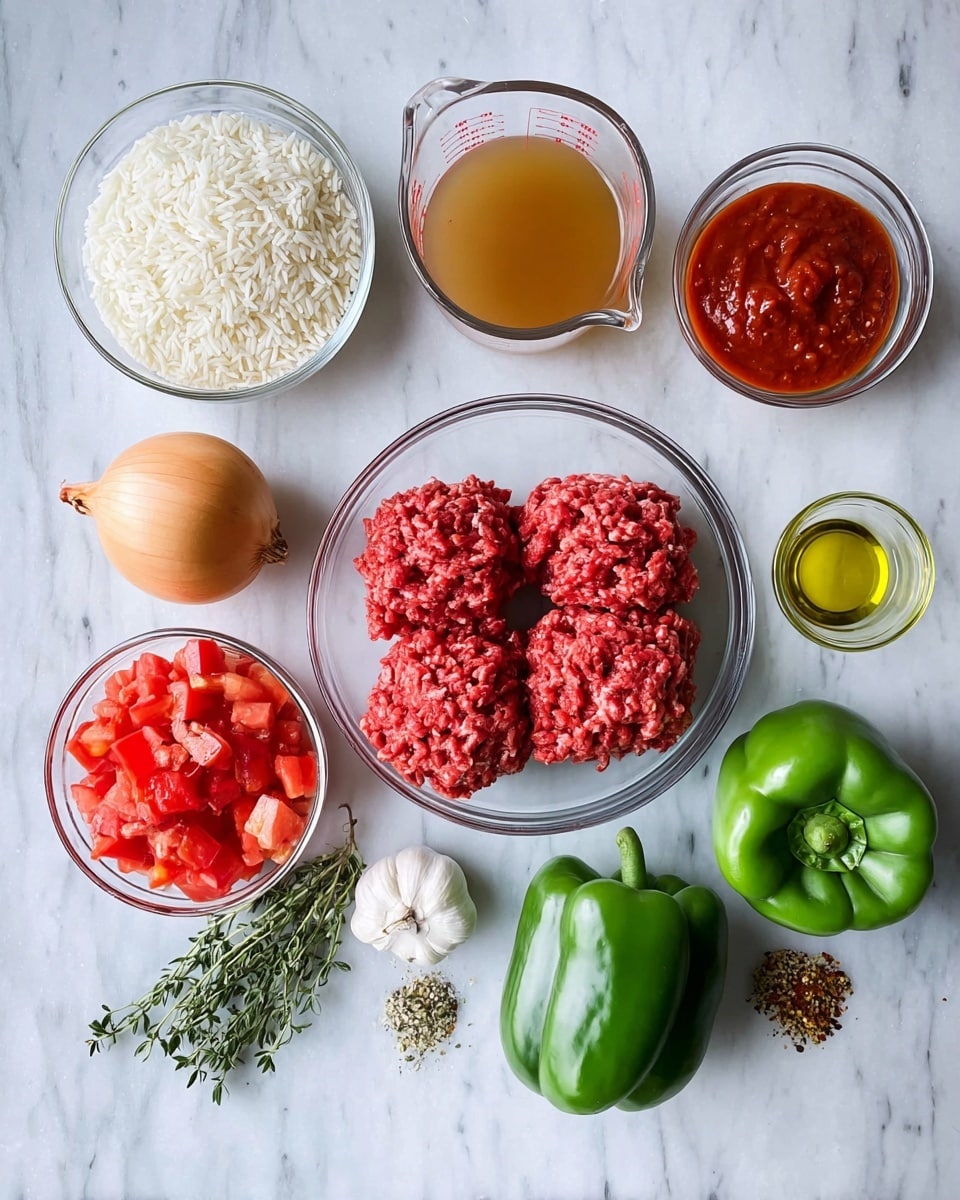 The image shows ingredients arranged on a white marbled surface for a recipe, including a large clear bowl in the center with two portions of red raw ground meat. Above to the left, there is a smaller clear bowl filled with white rice, and below it, a clear glass measuring cup filled with light brown broth. To the right of the measuring cup, a small clear bowl holds red tomato paste, and below it, a bigger clear bowl is filled with chunky red diced tomatoes in juice. To the right of the meat bowl, there is a line of three green bell peppers and one red bell pepper near the bottom. To the right of the peppers, a small clear bowl contains a small amount of light yellow oil. Below the peppers, there is a whole yellow onion with its skin, several sprigs of green herbs, and three garlic cloves. In the center below the meat, there is a tiny clear bowl with a mix of colored spices. Photo taken with an iphone --ar 4:5 --v 7