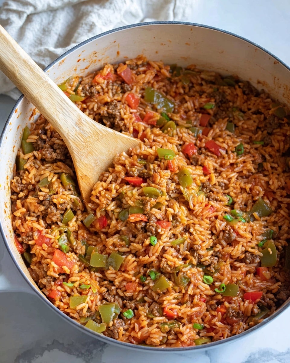 A close-up view of a white pot filled with cooked rice mixed with ground beef, green and red bell pepper pieces, and small chunks of tomato, all combined in a slightly saucy, reddish seasoning. A wooden spoon is scooping into the mixture from the left side, showing the moist texture and colorful bits evenly spread throughout. The pot sits on a white marbled surface with a light-colored cloth in the background. photo taken with an iphone --ar 4:5 --v 7