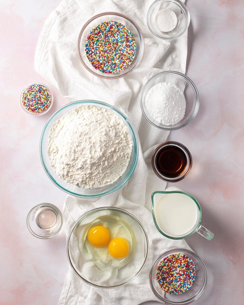 The image shows a flat lay of baking ingredients arranged on a white marbled surface. In the center, there is a clear glass bowl filled with white flour. Above it, three smaller clear glass bowls hold white powdered sugar, white baking powder, and colorful rainbow sprinkles. Below the flour bowl, a clear glass bowl contains two raw eggs with bright yellow yolks. Next to it is a clear glass measuring cup filled with white milk. Around these main bowls are smaller containers holding vanilla extract, clear liquid (likely oil), and more rainbow sprinkles. These items are placed on a white cloth napkin that winds through the setup. Photo taken with an iphone --ar 4:5 --v 7